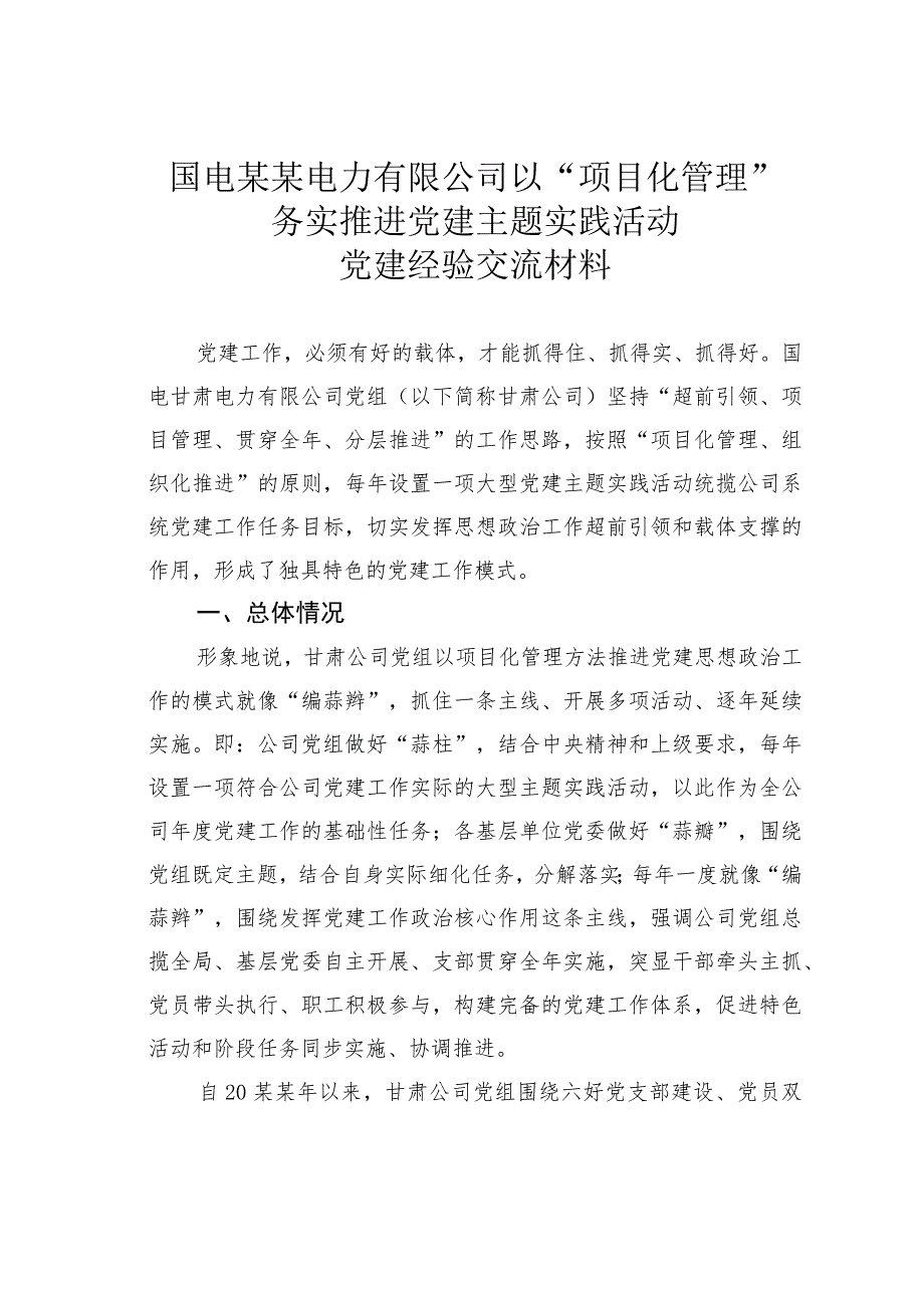 国电某某电力有限公司以“项目化管理”务实推进党建主题实践活动党建经验交流材料_第1页