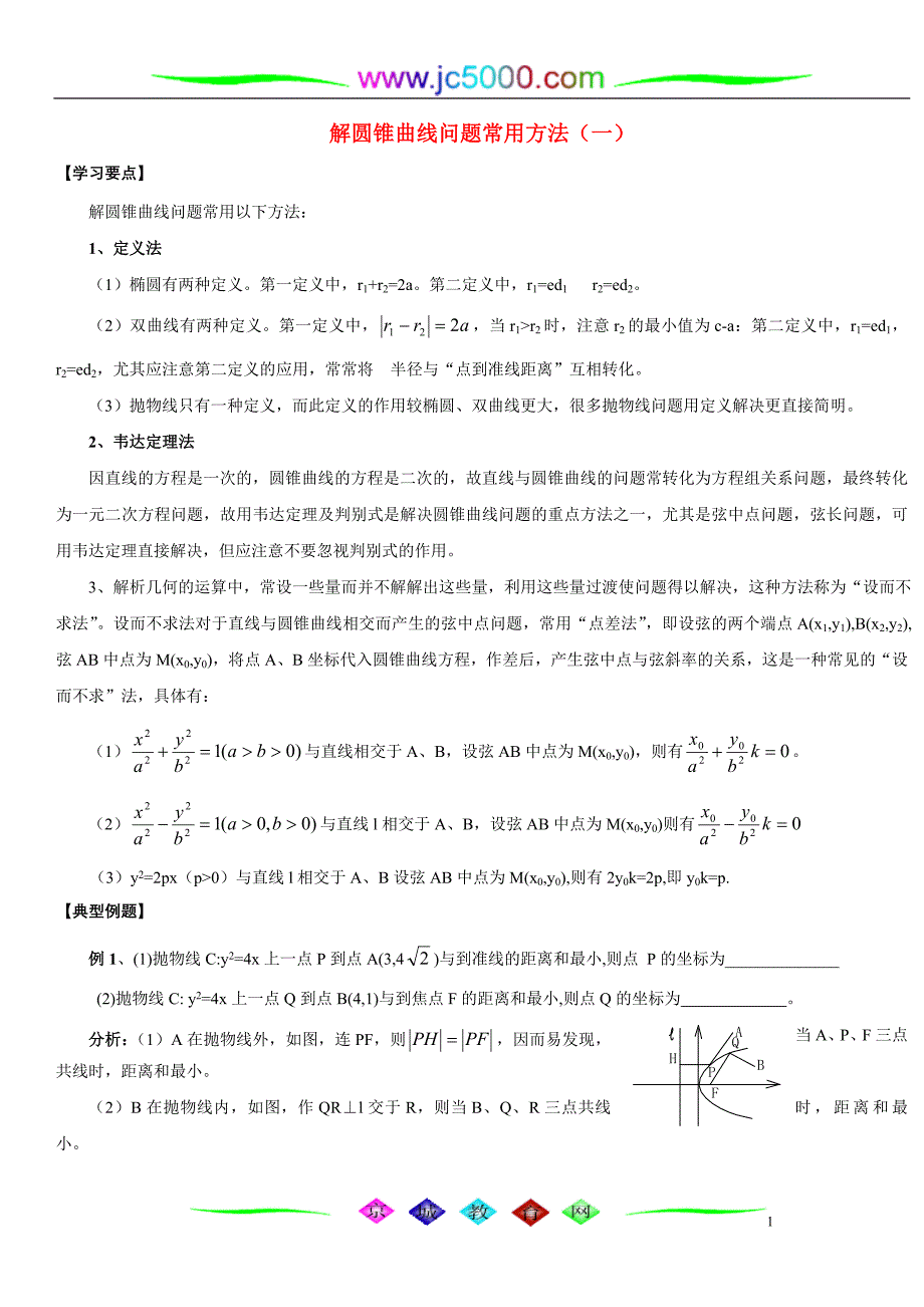 解圆锥曲线问题常用方法_第1页