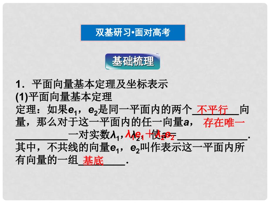 高三数学一轮复习 第4章4.2平面向量基本定理及向量坐标表示课件 文 北师大版_第3页