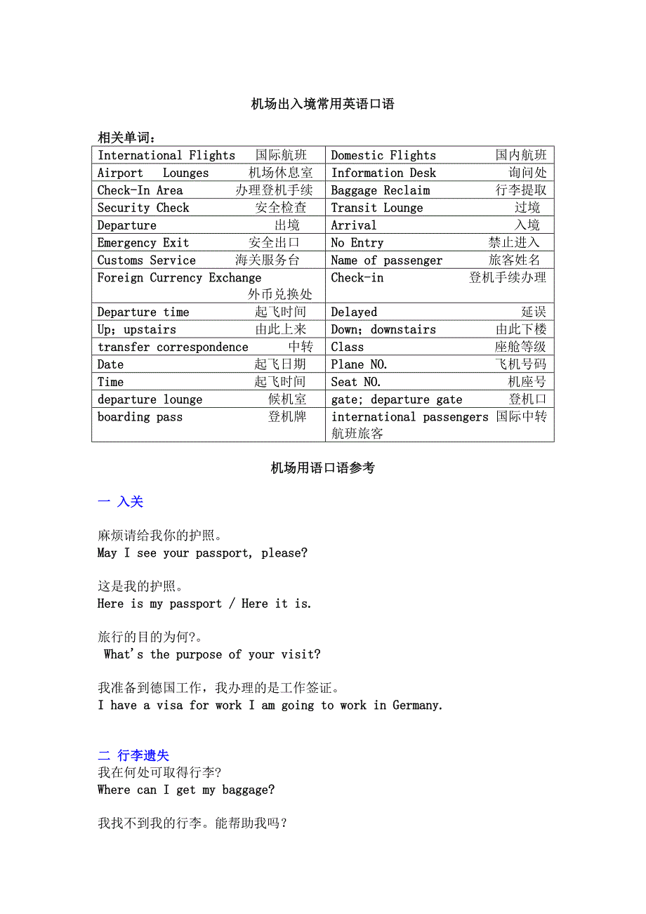 机场出入境常用英语口语(主要用于中转)_第1页