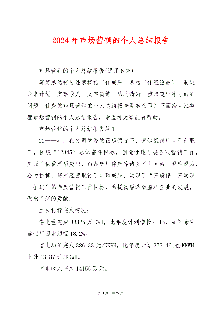 2024年市场营销的个人总结报告_第1页