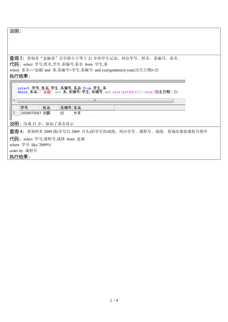 数据库SQL实验报告SQL交互式查询单表查询供参考_第2页