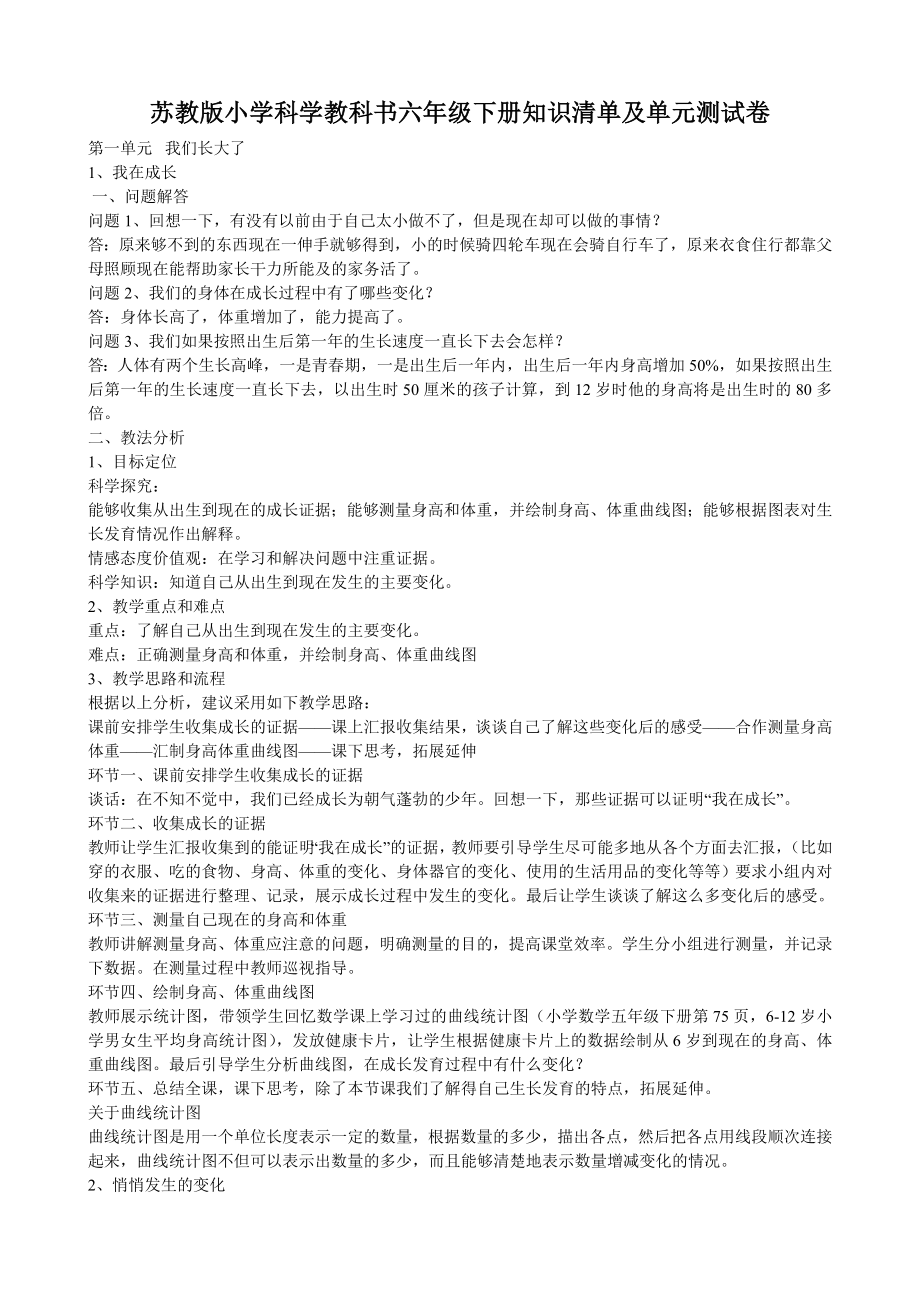 苏教版小学科学教科书六年级下册知识清单及单元测试卷.doc_第1页