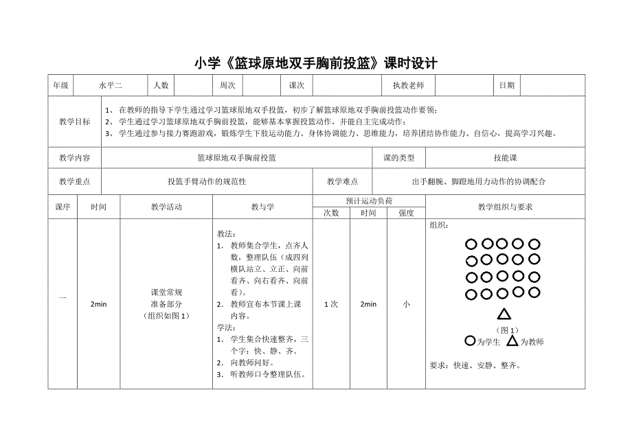 小学《篮球原地双手胸前投篮》课时设计.docx_第1页