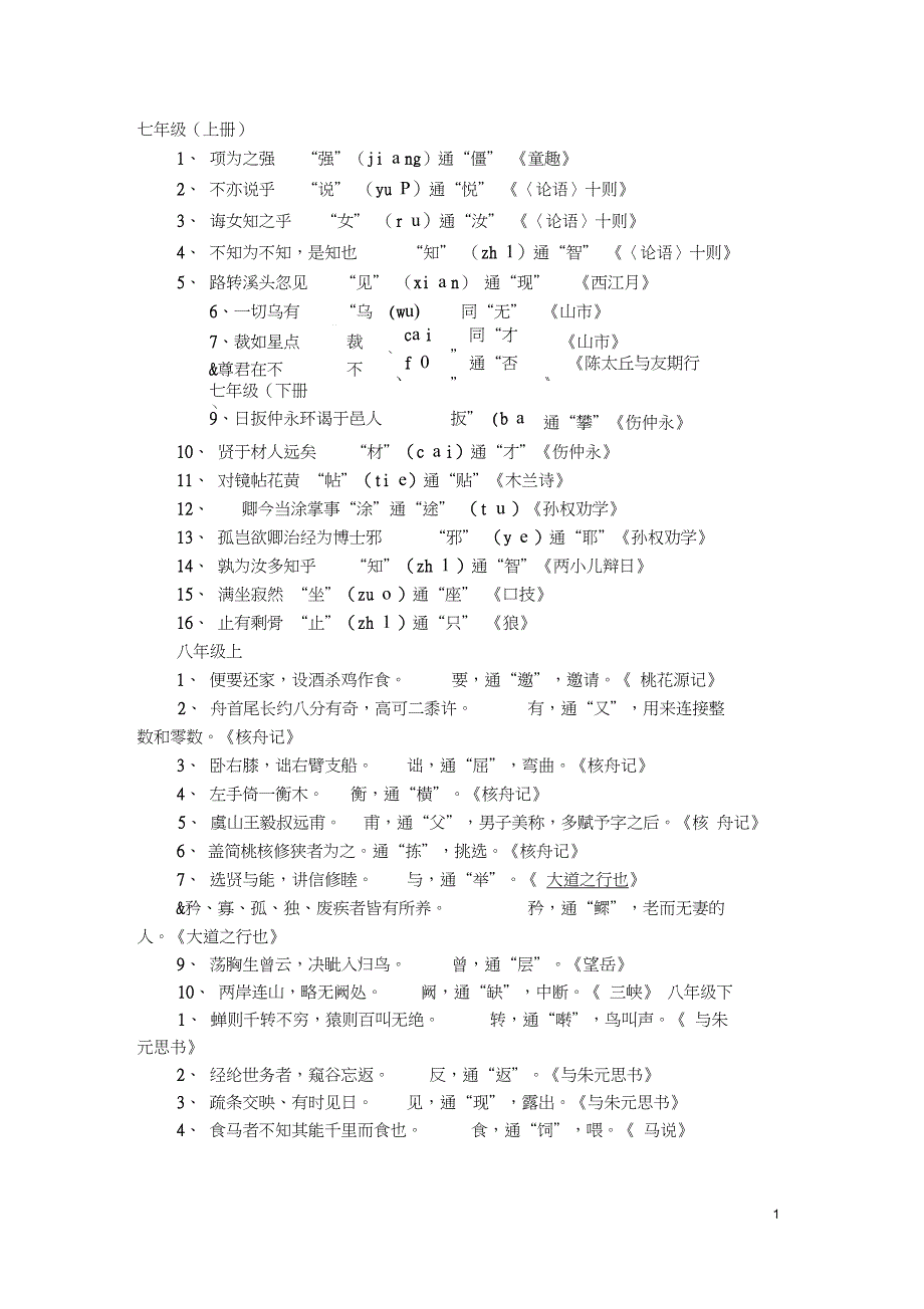 (完整word版)初中通假字大全,推荐文档_第1页