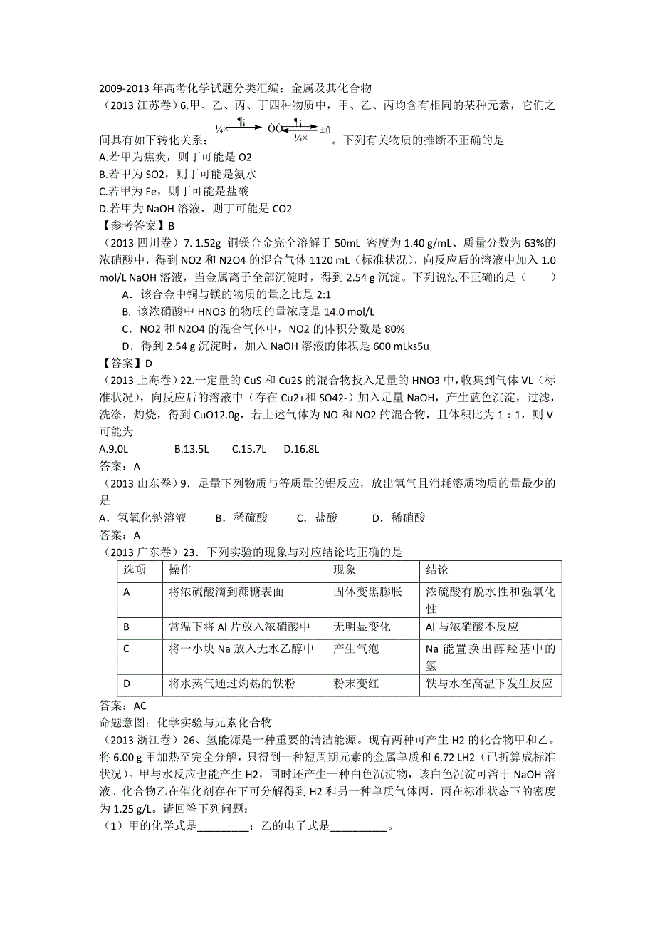 高考化学试题分类汇编金属及其化合物Word版含答案_第1页