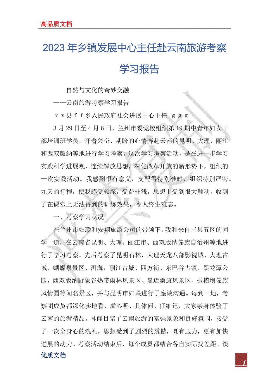 2023年乡镇发展中心主任赴云南旅游考察学习报告_第1页