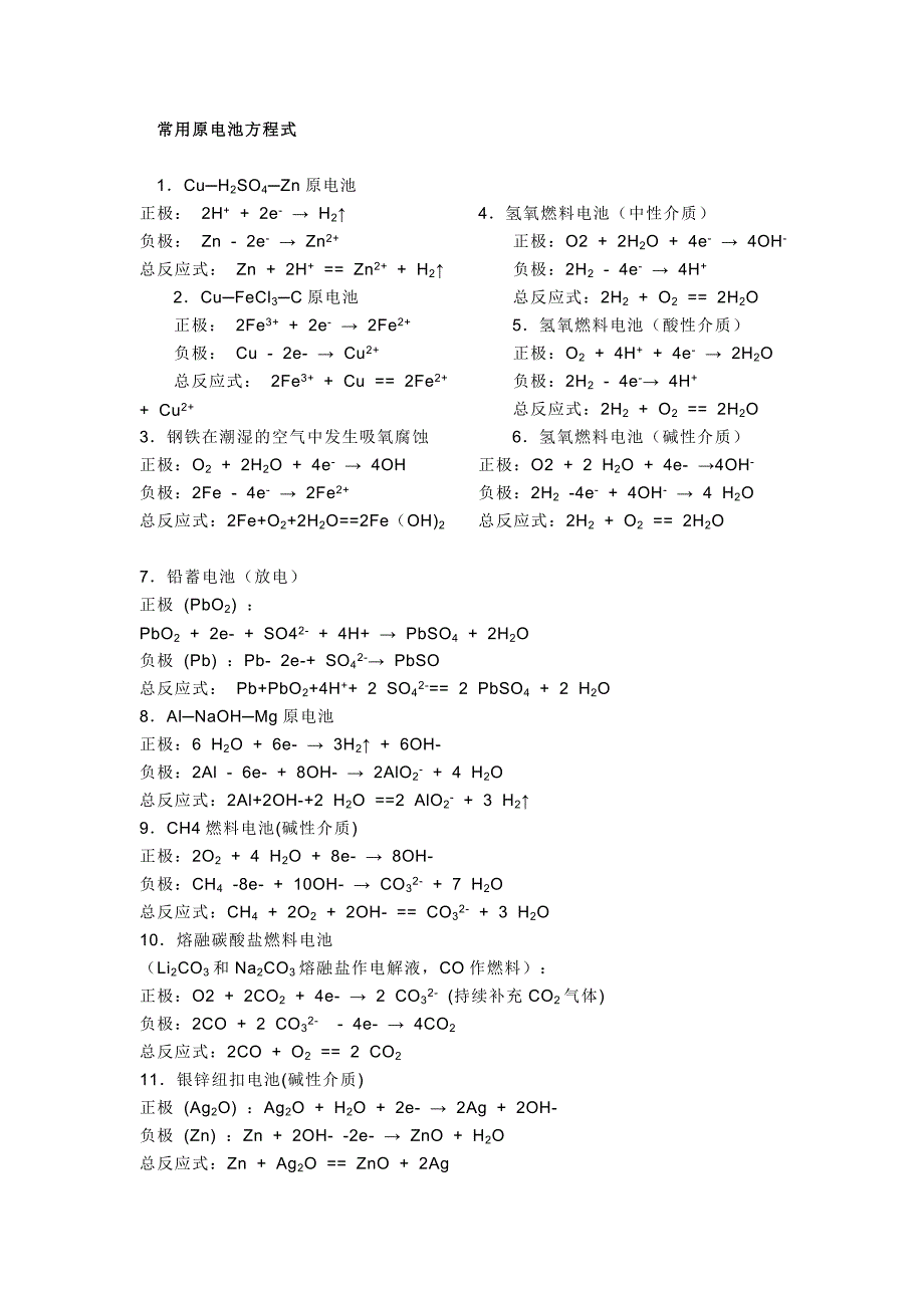 常用原电池和电解池方程式.doc_第1页