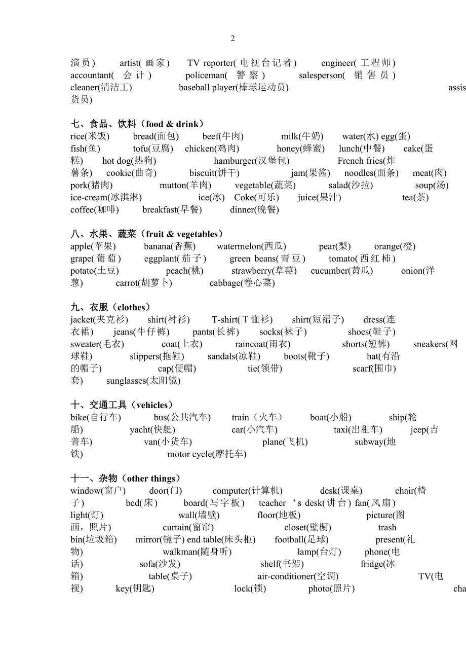 小学英语词汇归类表_第2页