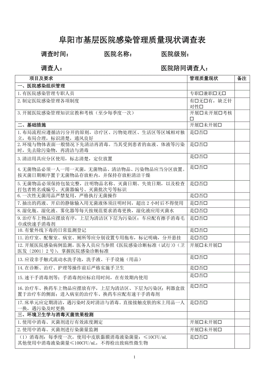 阜阳市基层医院感染管理质量控制检查表x修改(试行) -_第1页