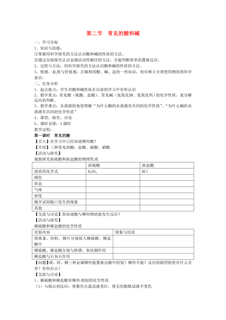 九年级化学第七章第二节常见的酸和碱学案无答案沪教版_第1页