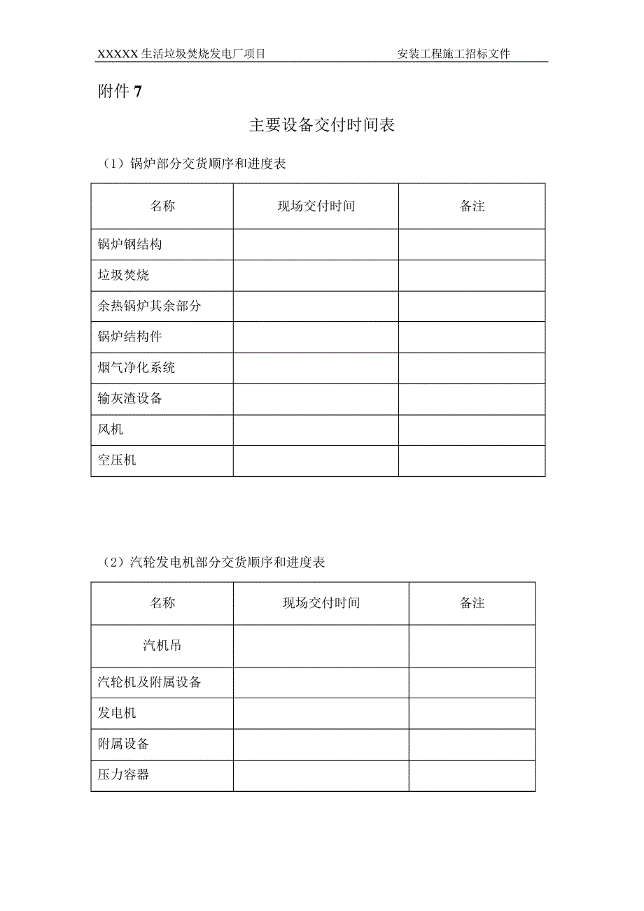 垃圾焚烧发电：主要设备交付时间表-副本_第1页