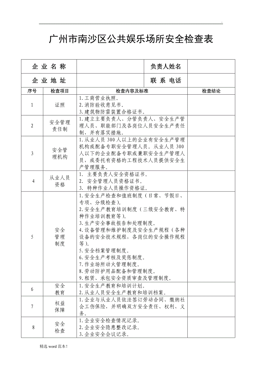 公共娱乐场所安全检查表.doc_第1页