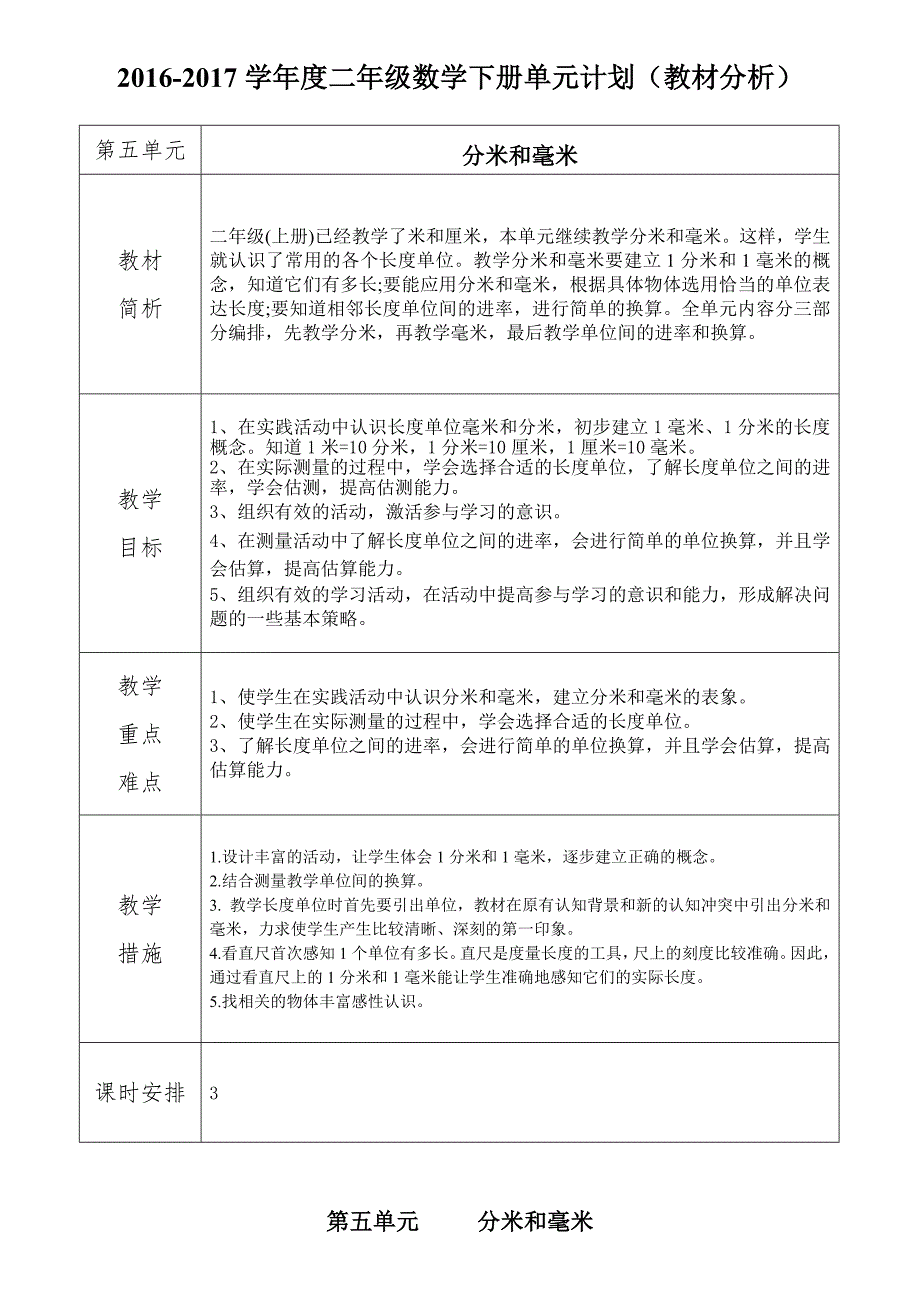 二年级数学下册教案表格式第五单元_第1页