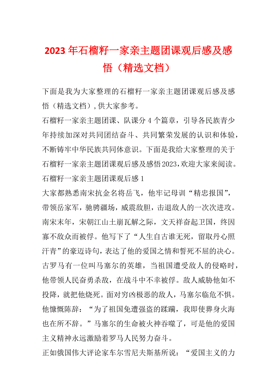 2023年石榴籽一家亲主题团课观后感及感悟（精选文档）_第1页