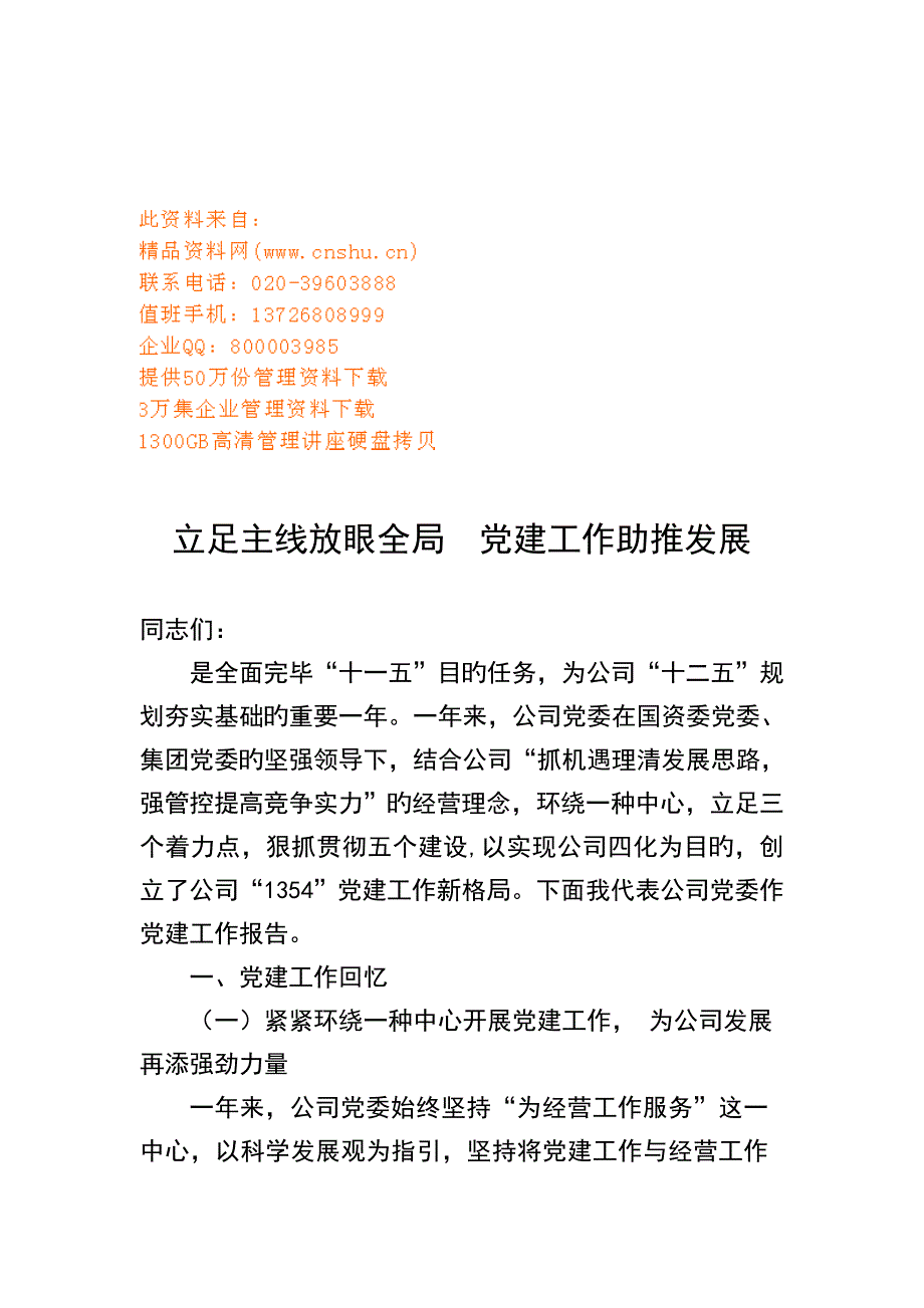 党建工作年度专项报告总结与综合计划_第1页