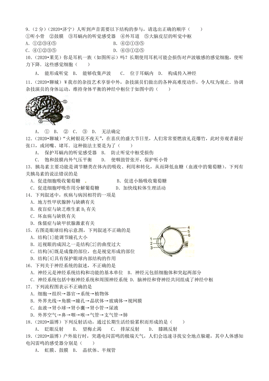 精选类山东省禹城市202x七年级生物下册第五章神经系统章节测试无答案_第2页