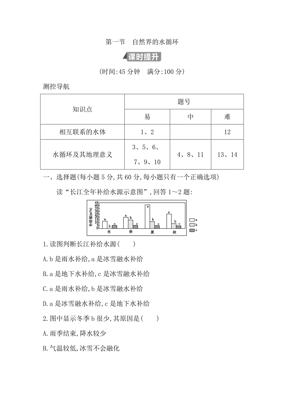 高中地理必修1鲁教版山东专用试题：第三章 第一节　自然界的水循环 Word版含答案_第1页