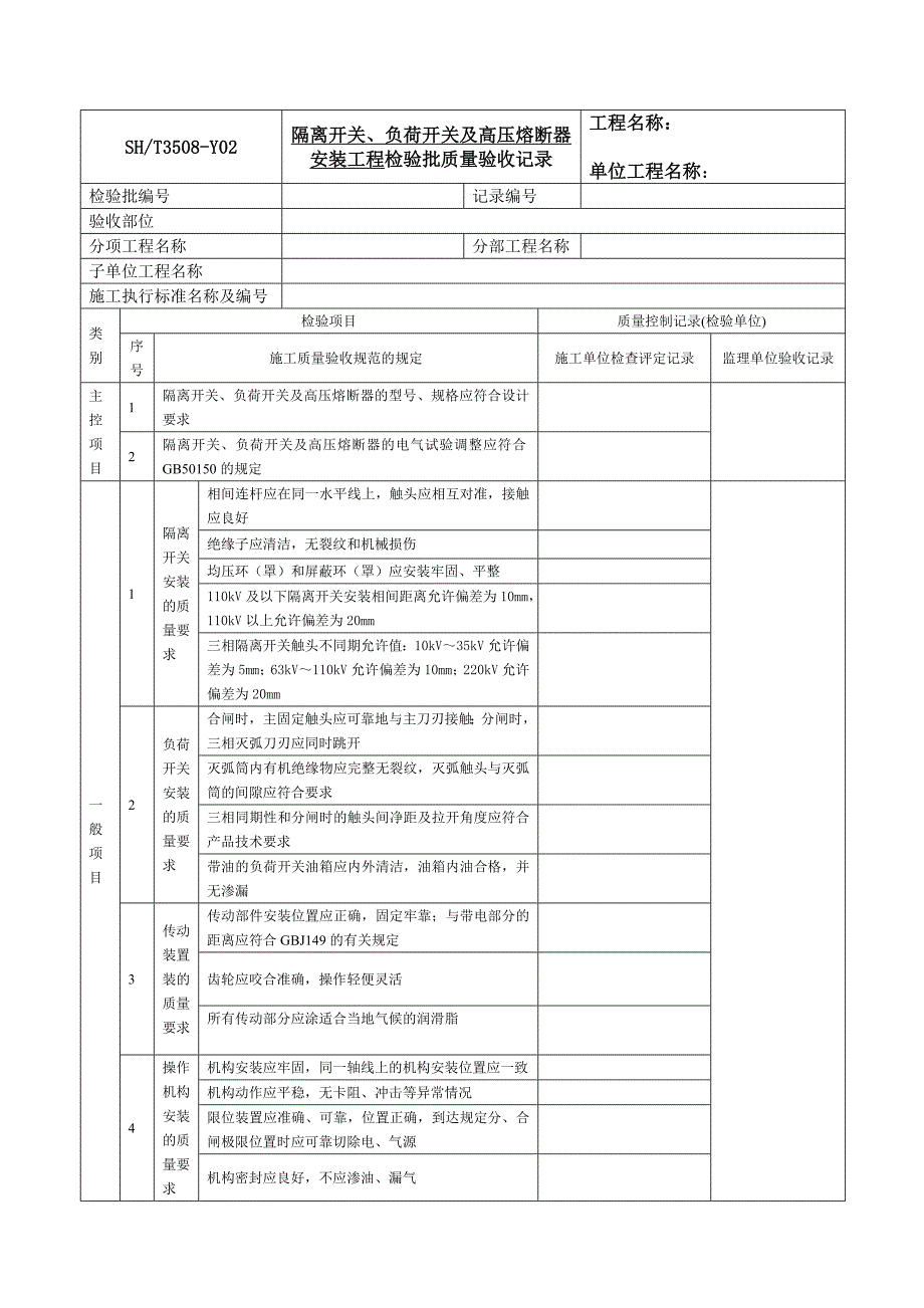 隔离开关、负荷开关及高压熔断器安装工程检验批质量验收记录_第1页