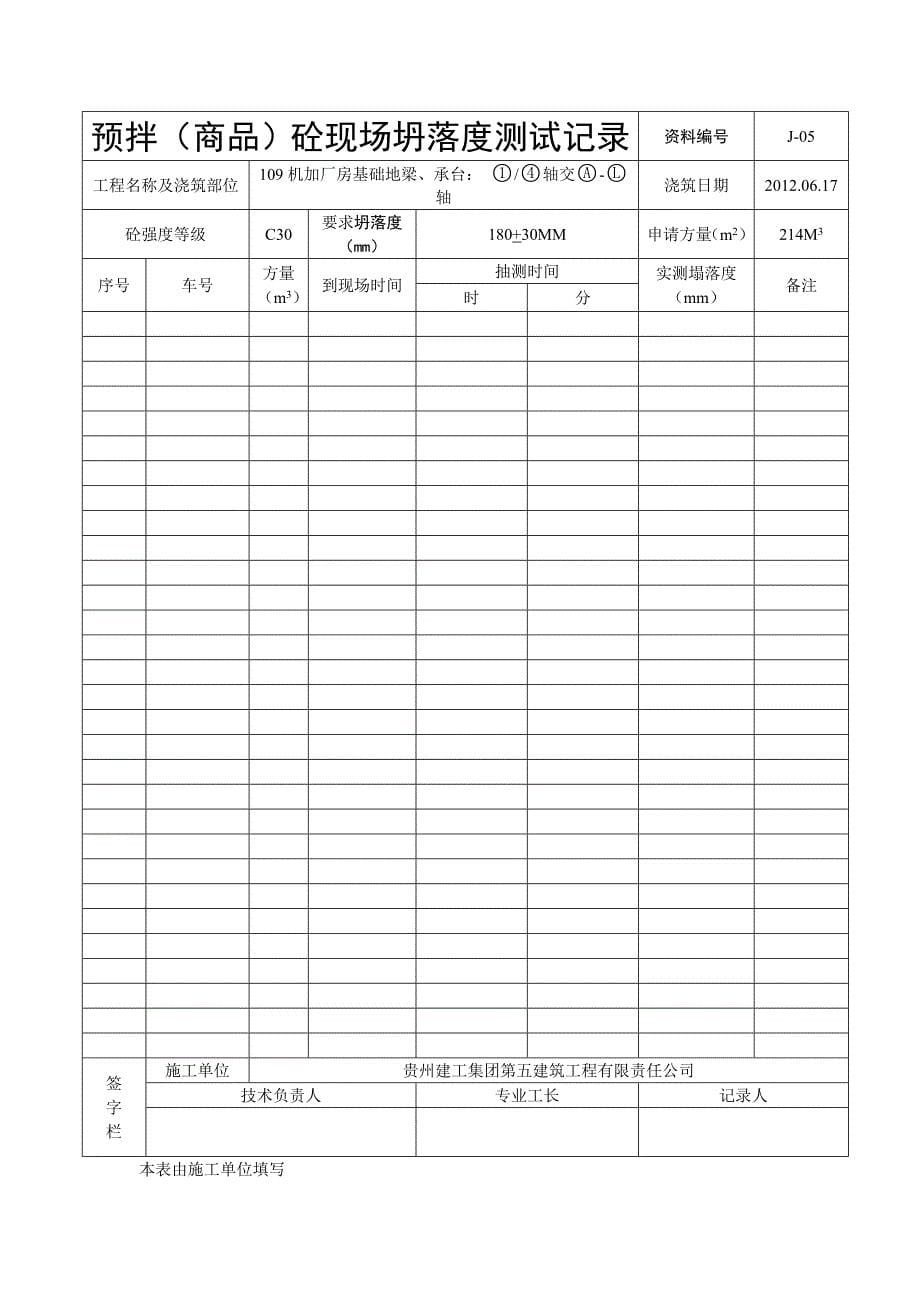 预拌商品砼现场坍落度测试记录_第5页