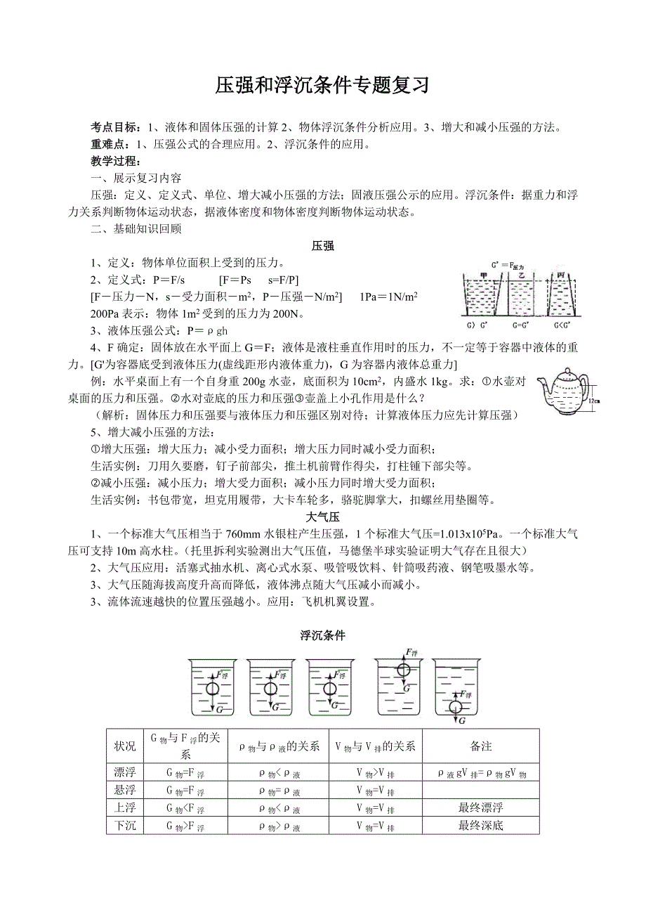 压强和浮沉条件复习_第1页