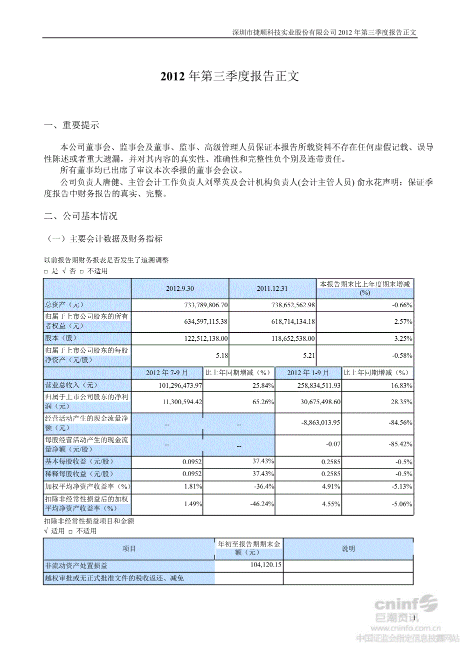 捷顺科技第三季度报告正文_第1页