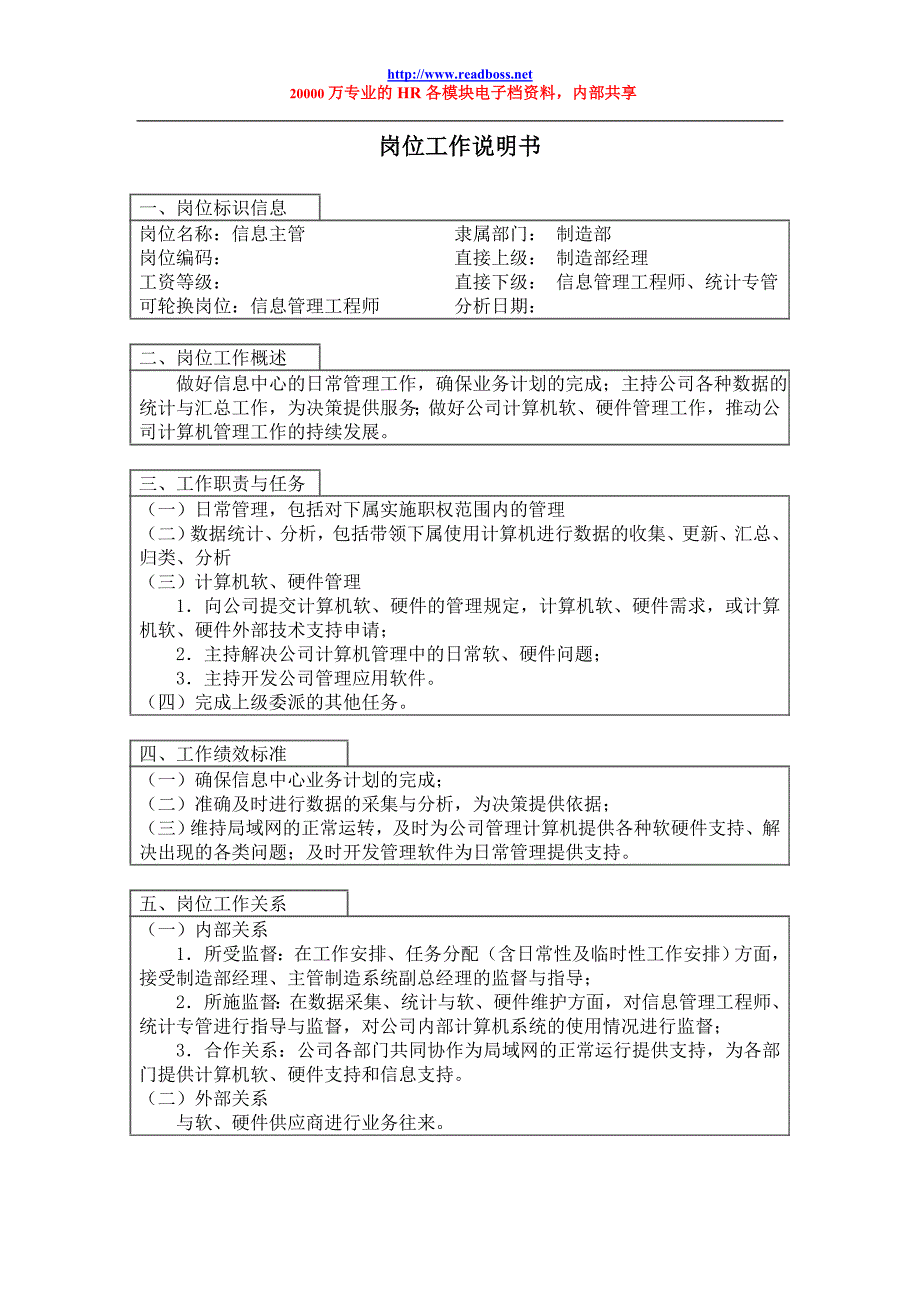 阅读老板牛简历信息主管岗位工作说明书2 (2)_第1页