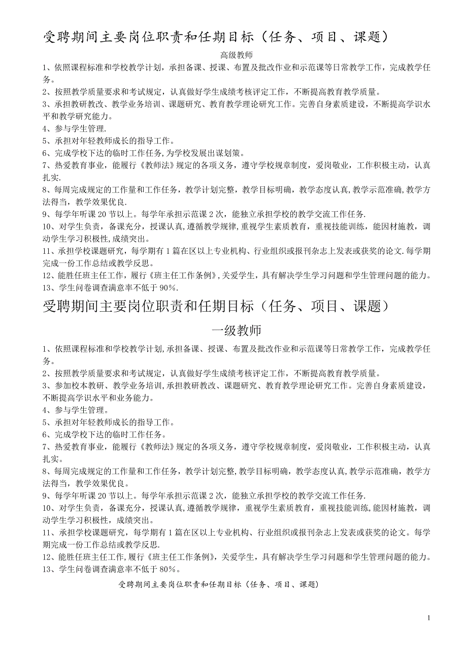 受聘期间主要岗位职责和任期目标(高级教师、一级教师、二级教师) (3)_第1页