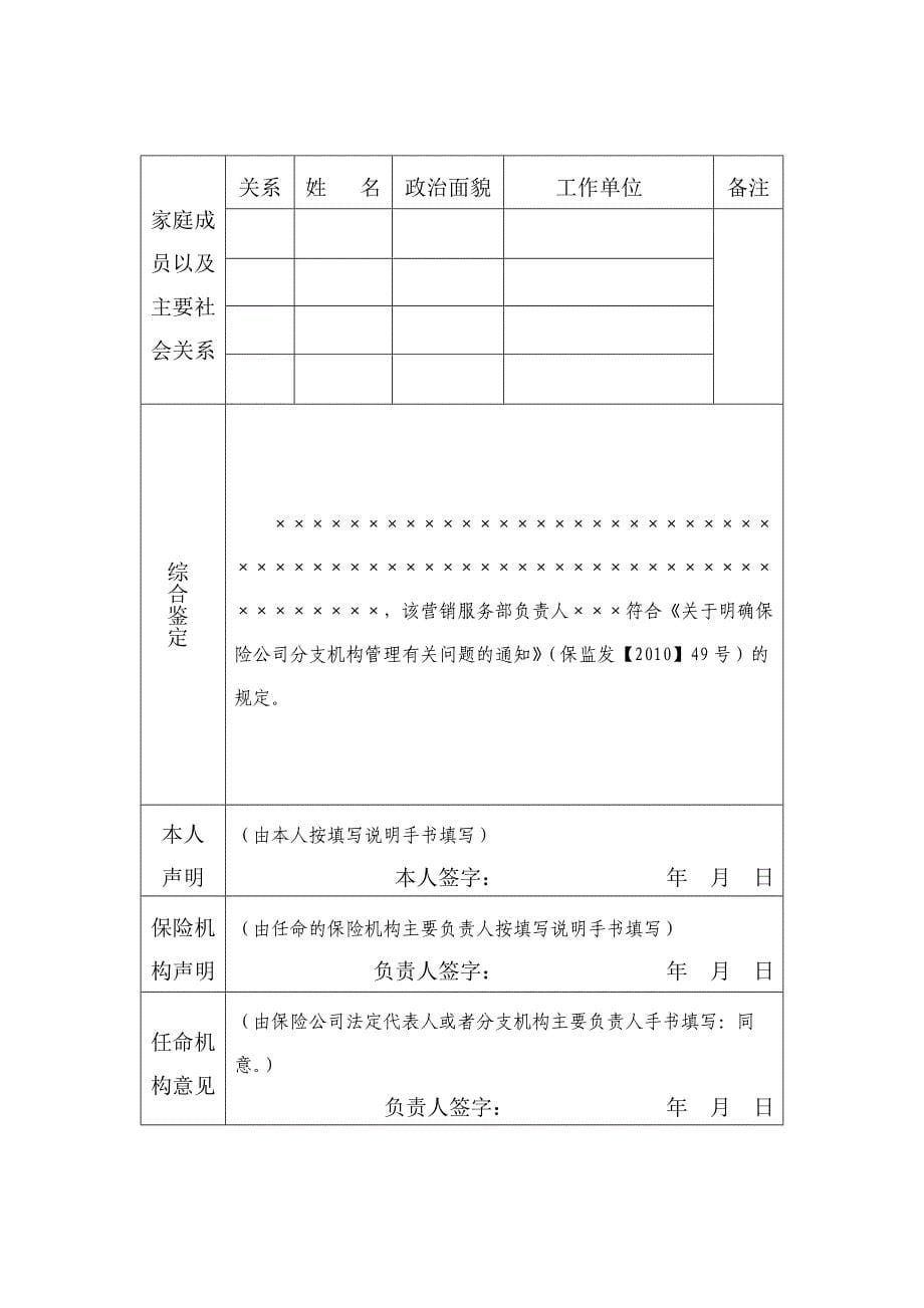 保险公司营销服务部负责人任职报告表样表_第5页