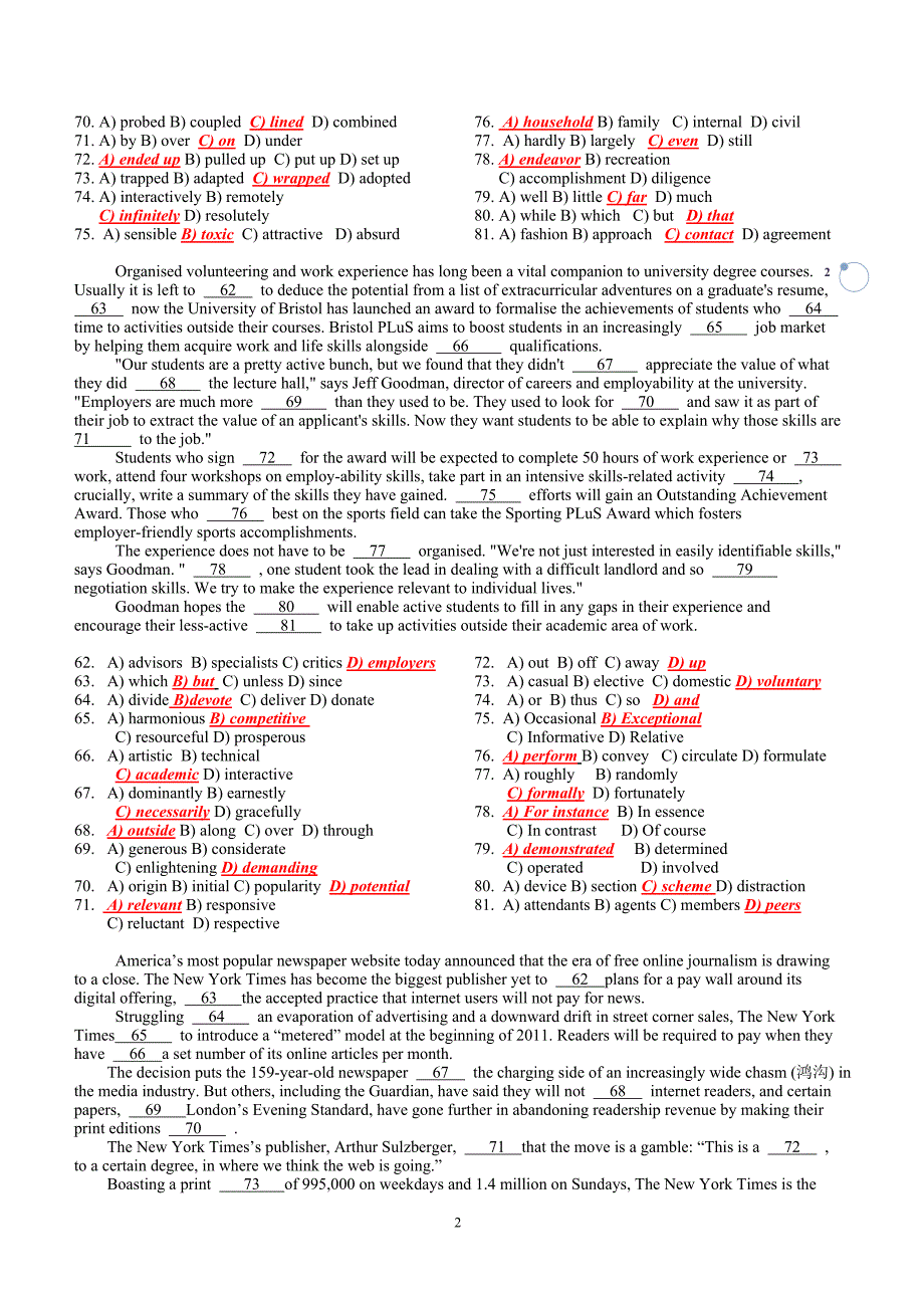 银行招聘笔试英语部分知识点英语完形填空题精选题库_第2页