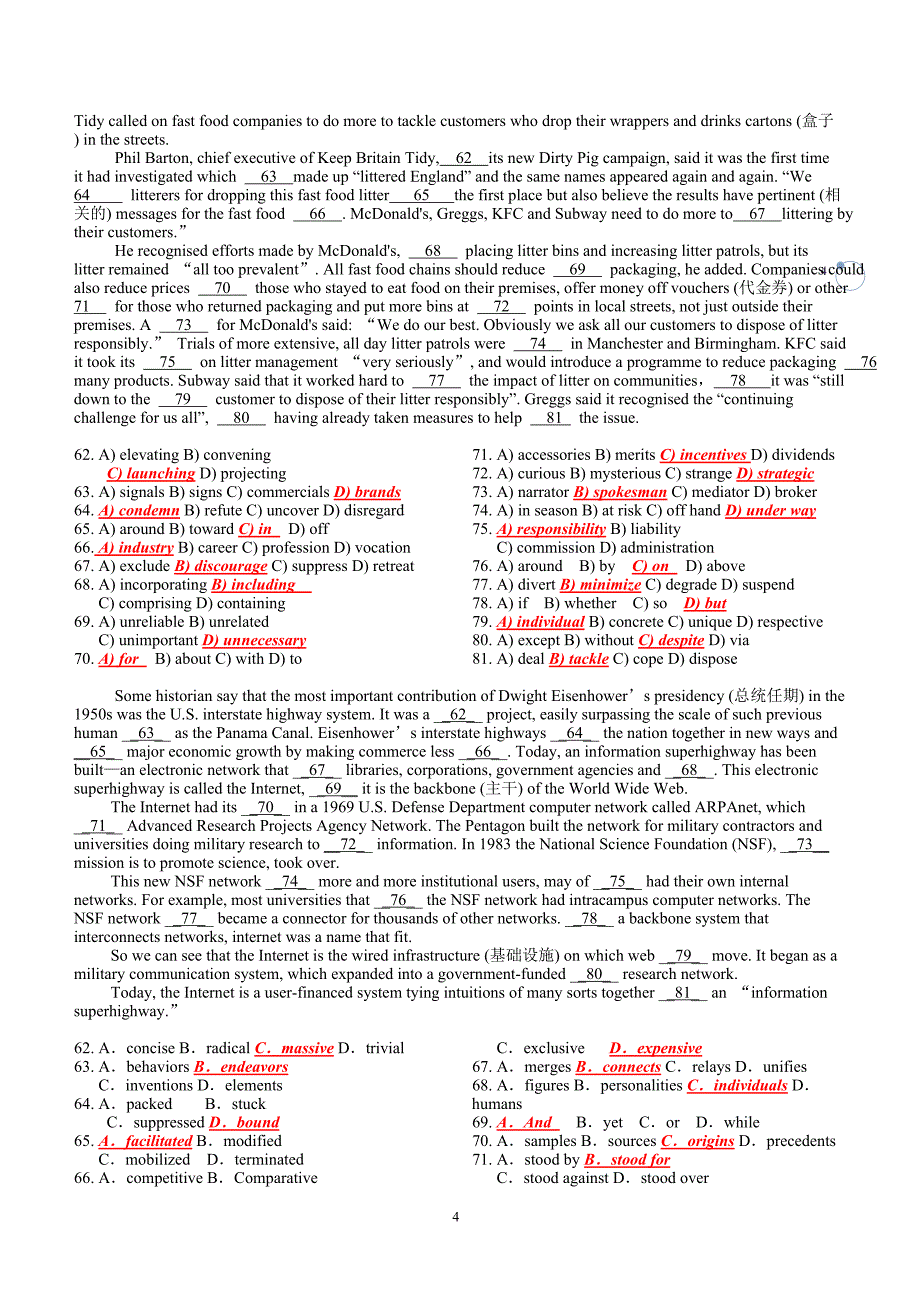 银行招聘笔试英语部分知识点英语完形填空题精选题库_第4页