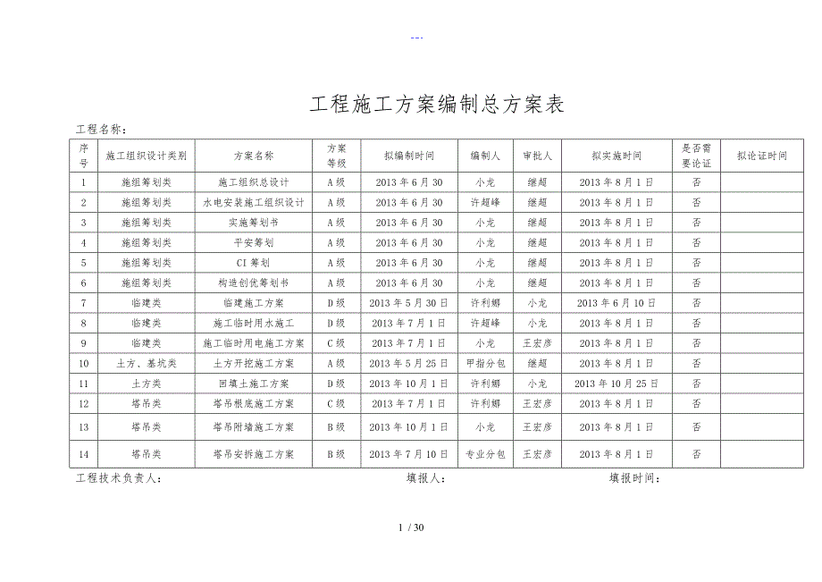 项目施工组织方案编制总计划表_第1页