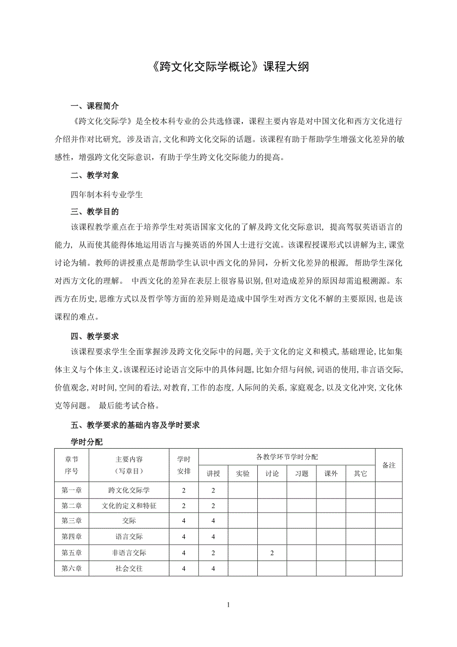 跨文化交际学概论课程大纲_第1页