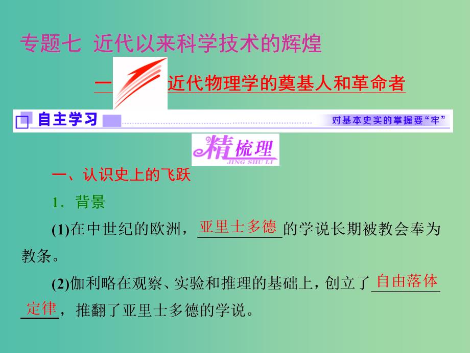 高中历史专题七近代以来科学技术的辉煌一近代物理学的奠基人和革命者课件人民版.ppt_第1页