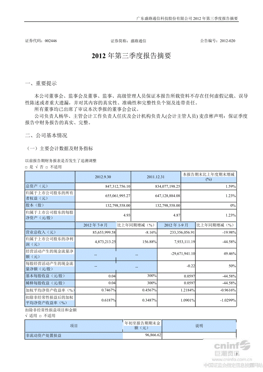 盛路通信：第三季度报告正文_第1页