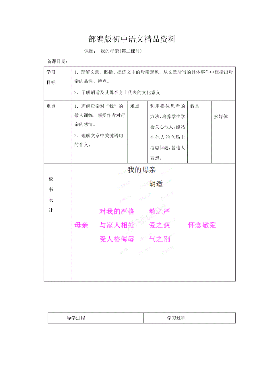 精品山东省临沂市蒙阴县第四中学八年级语文人教版下册教案：02我的母亲第二课时_第1页