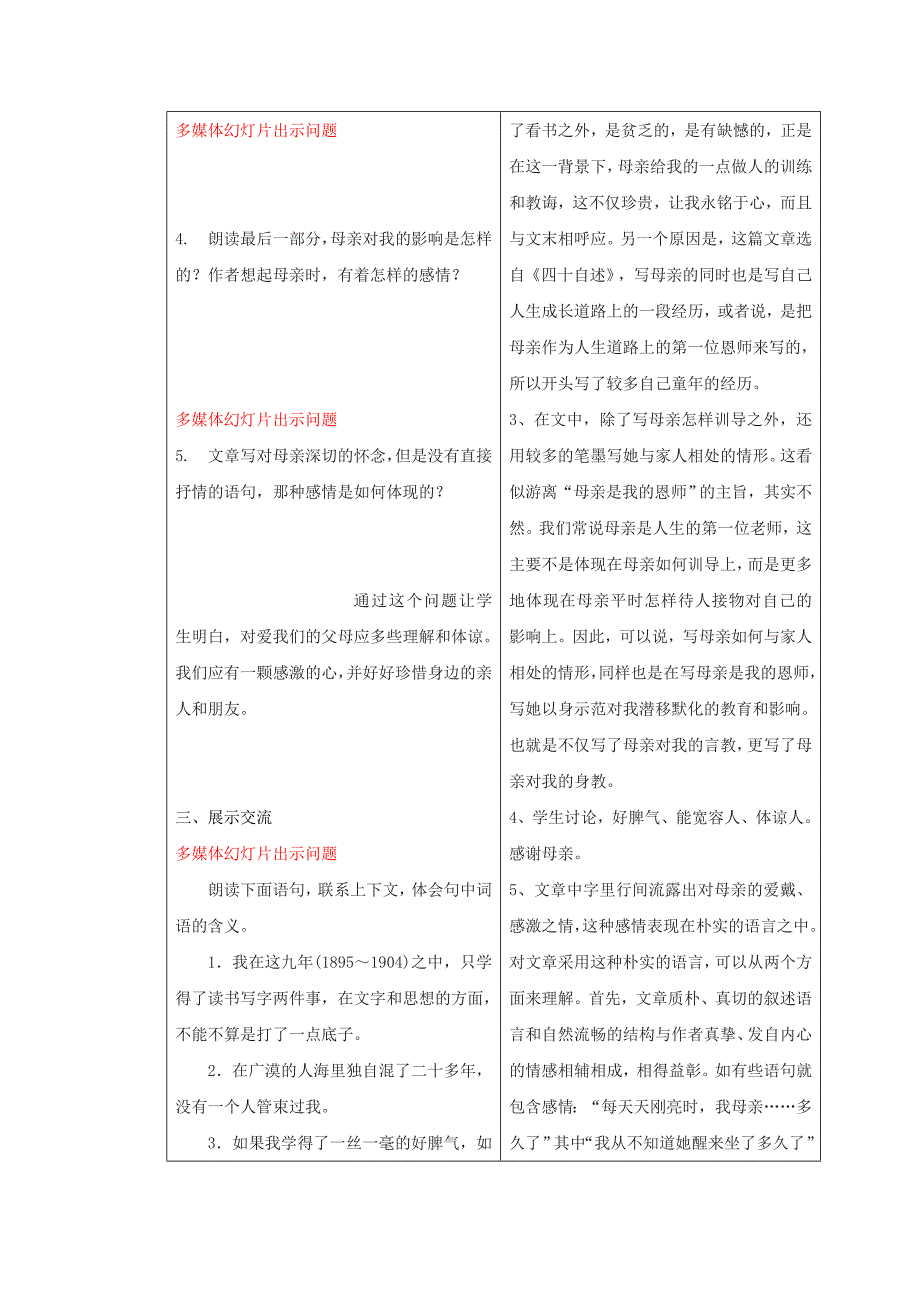 精品山东省临沂市蒙阴县第四中学八年级语文人教版下册教案：02我的母亲第二课时_第3页