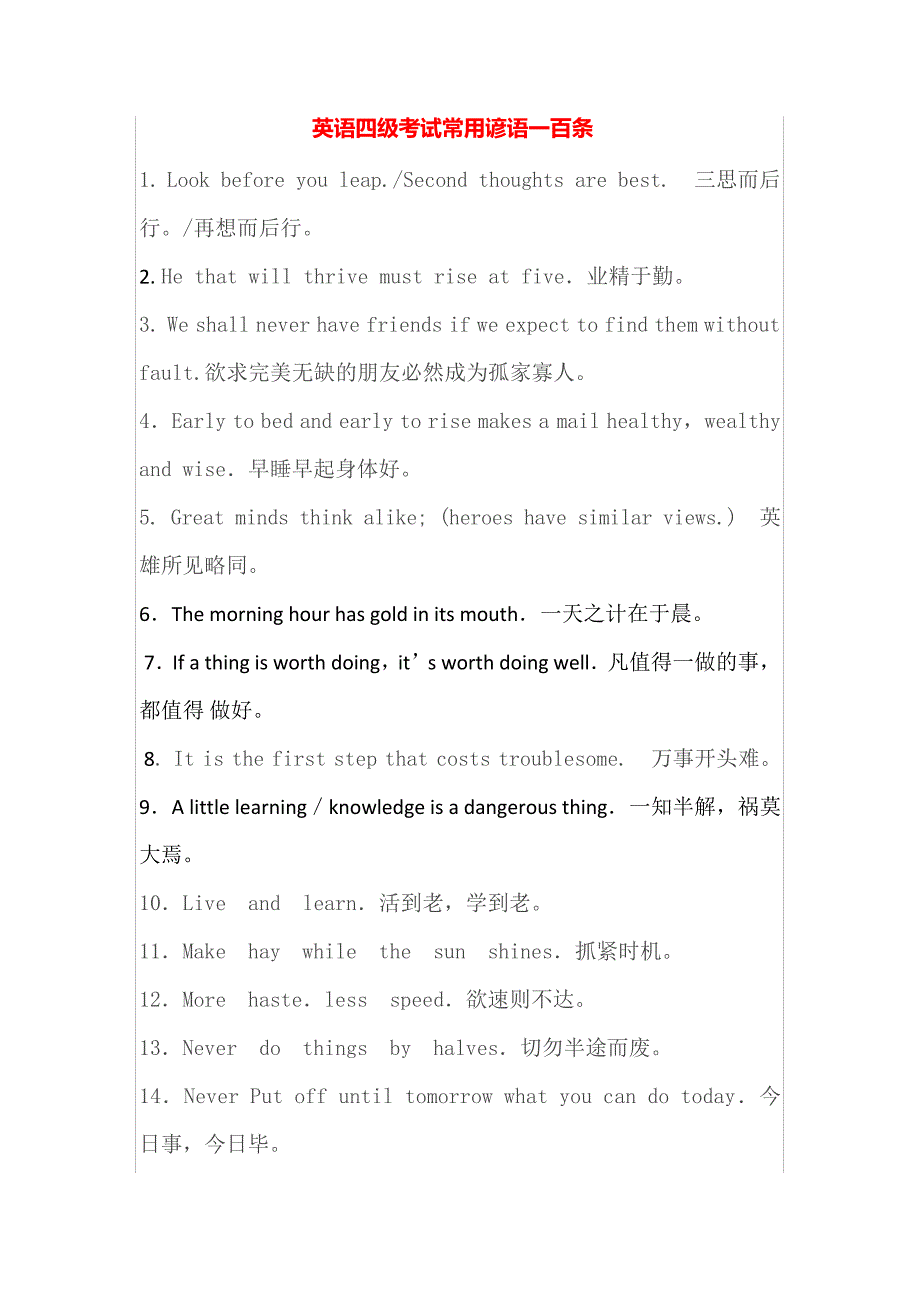 英语四级考试常用谚语一百条_第1页