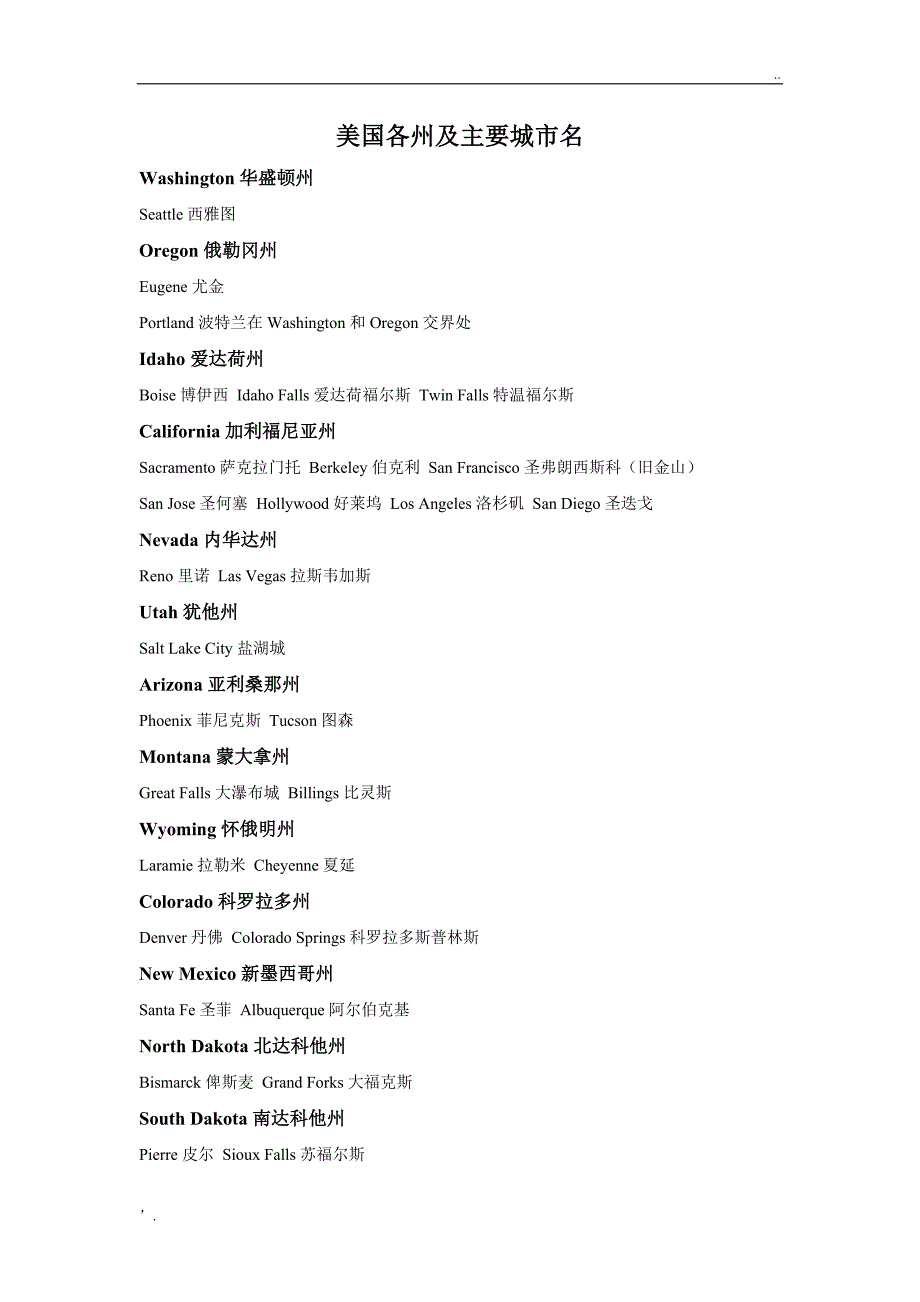 美国各州及主要城市名_第1页