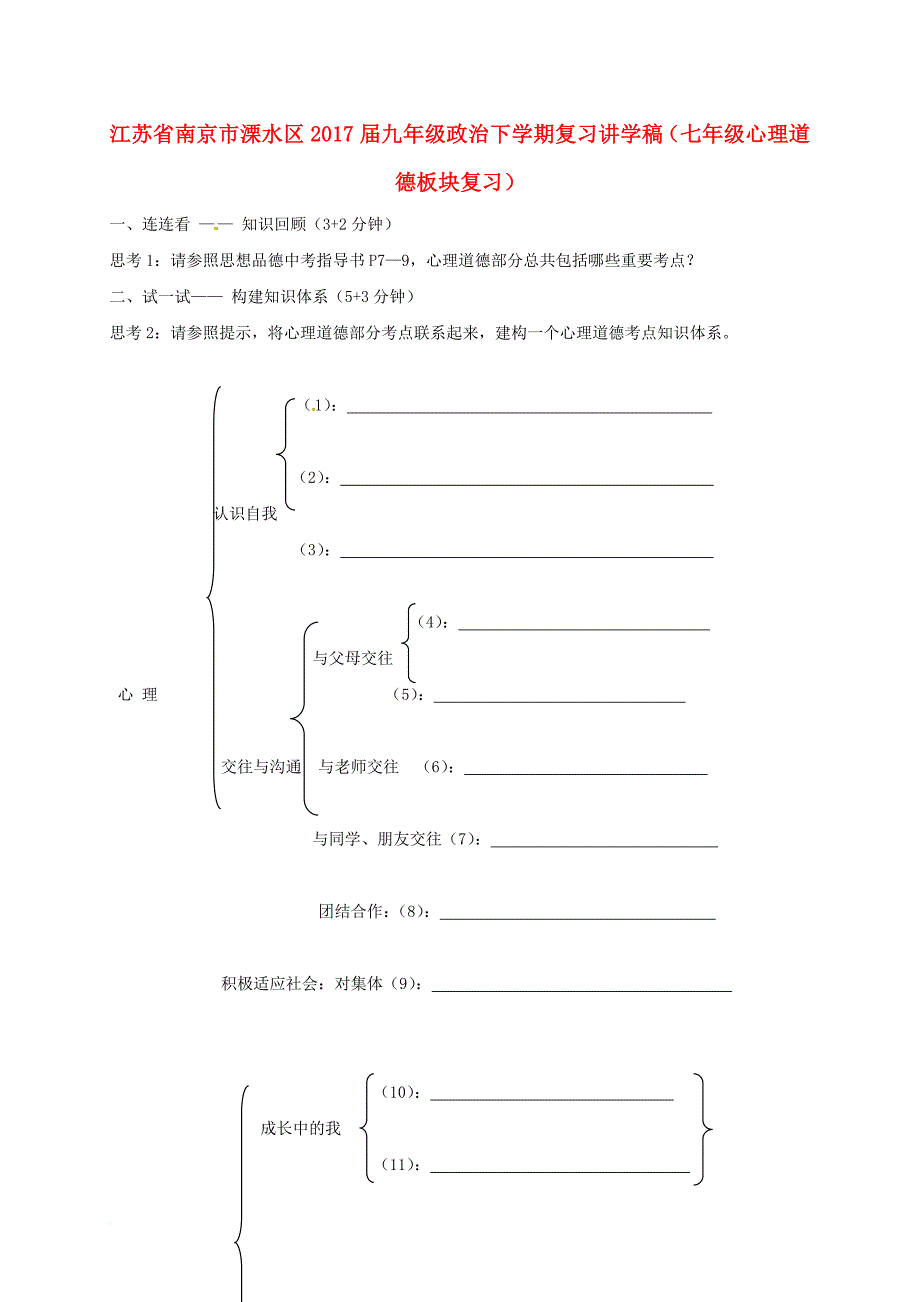江苏省南京市溧水区九年级政治下学期复习讲学稿七年级 心理道德板块复习无答案 新人教版_第1页