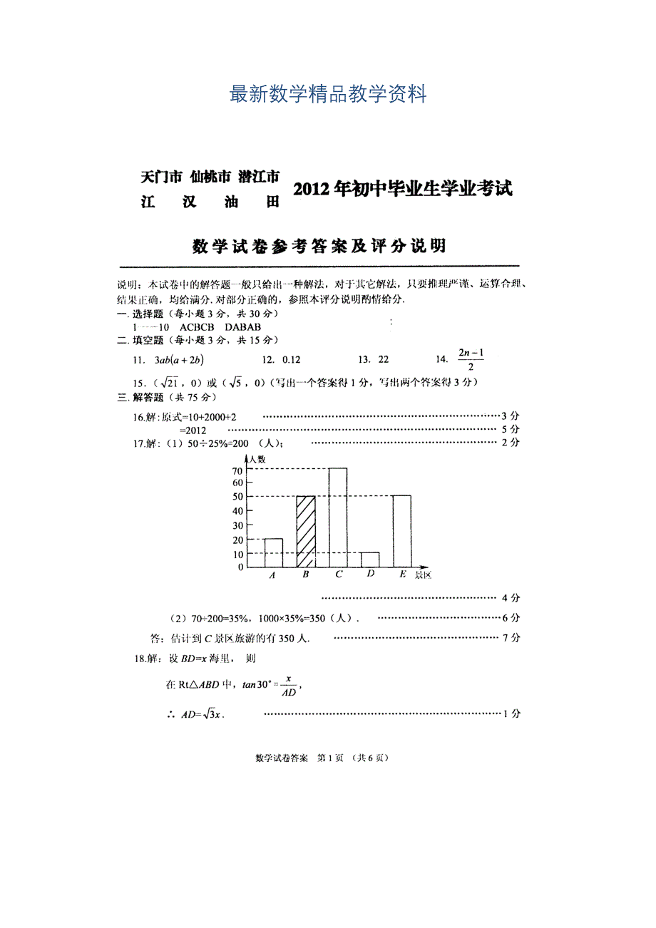 最新潜江仙桃天门江汉油田中考数学答案_第1页