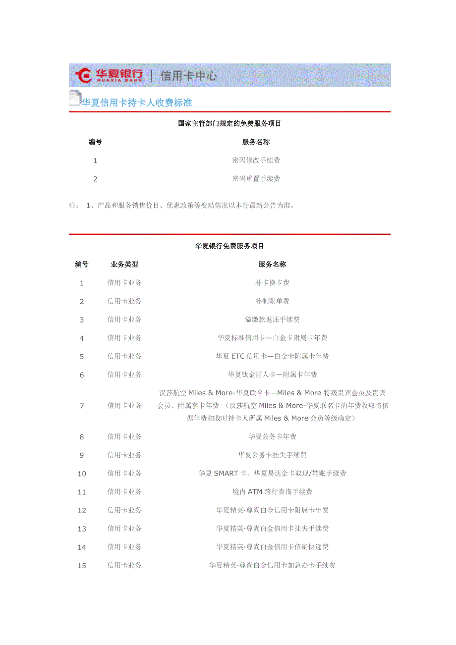 华夏信用卡持卡人收费标准_第1页