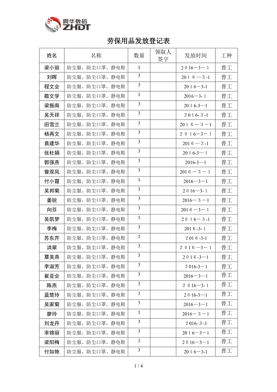 劳保用品发放领用登记表_第1页