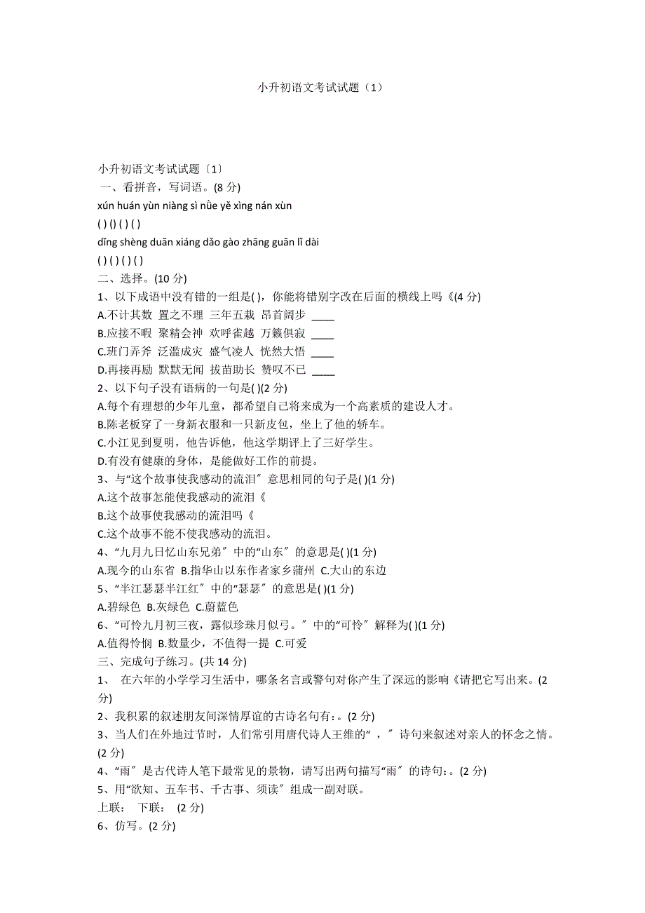 小升初语文考试试题（1）_第1页