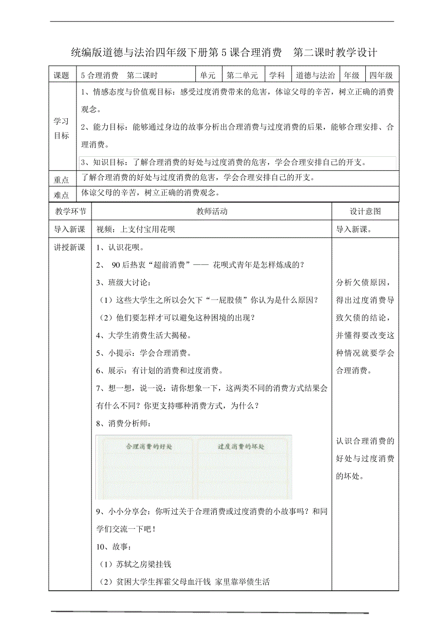 部编人教版四年级道德与法治下册《合理消费》(第二课时)优质教案_第1页