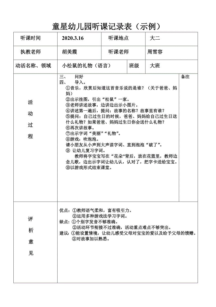 幼儿园小班听课记录及评价示例_第2页