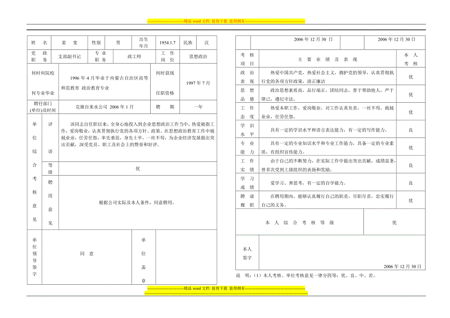 政治工作专业人员年度考核表1.doc_第1页