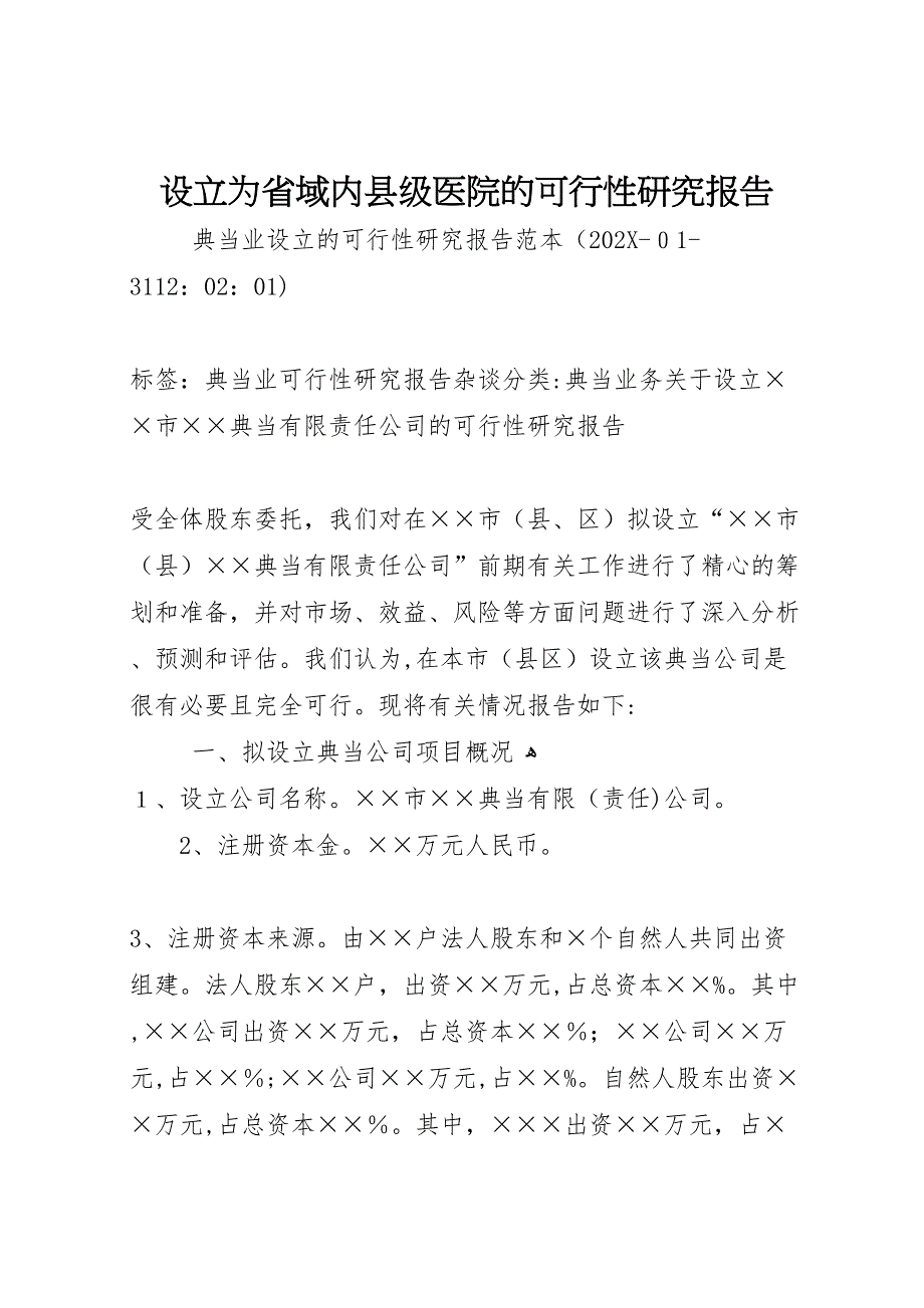 设立为省域内县级医院的可行性研究报告_第1页