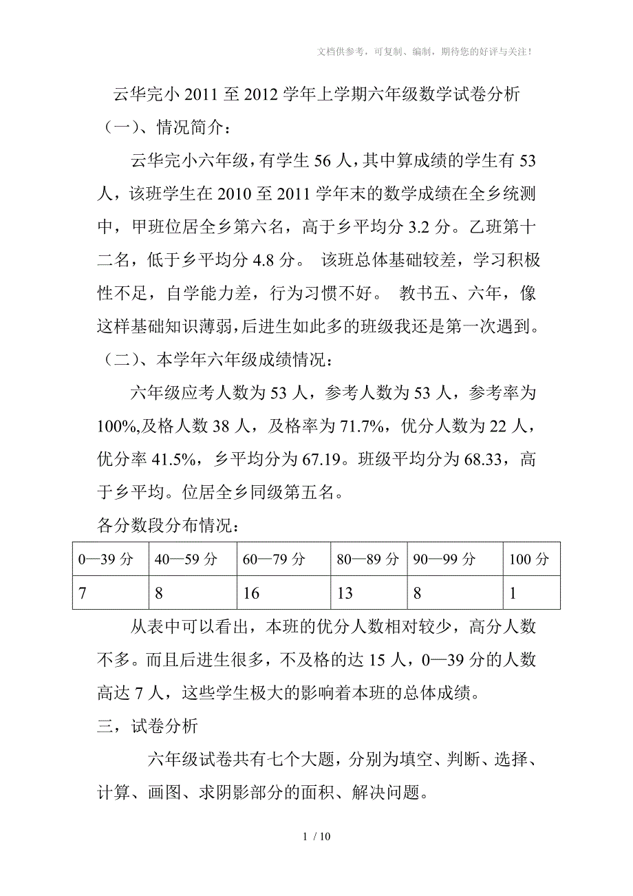 云华完小2011至2012学年上学期六年级数学试卷分析_第1页