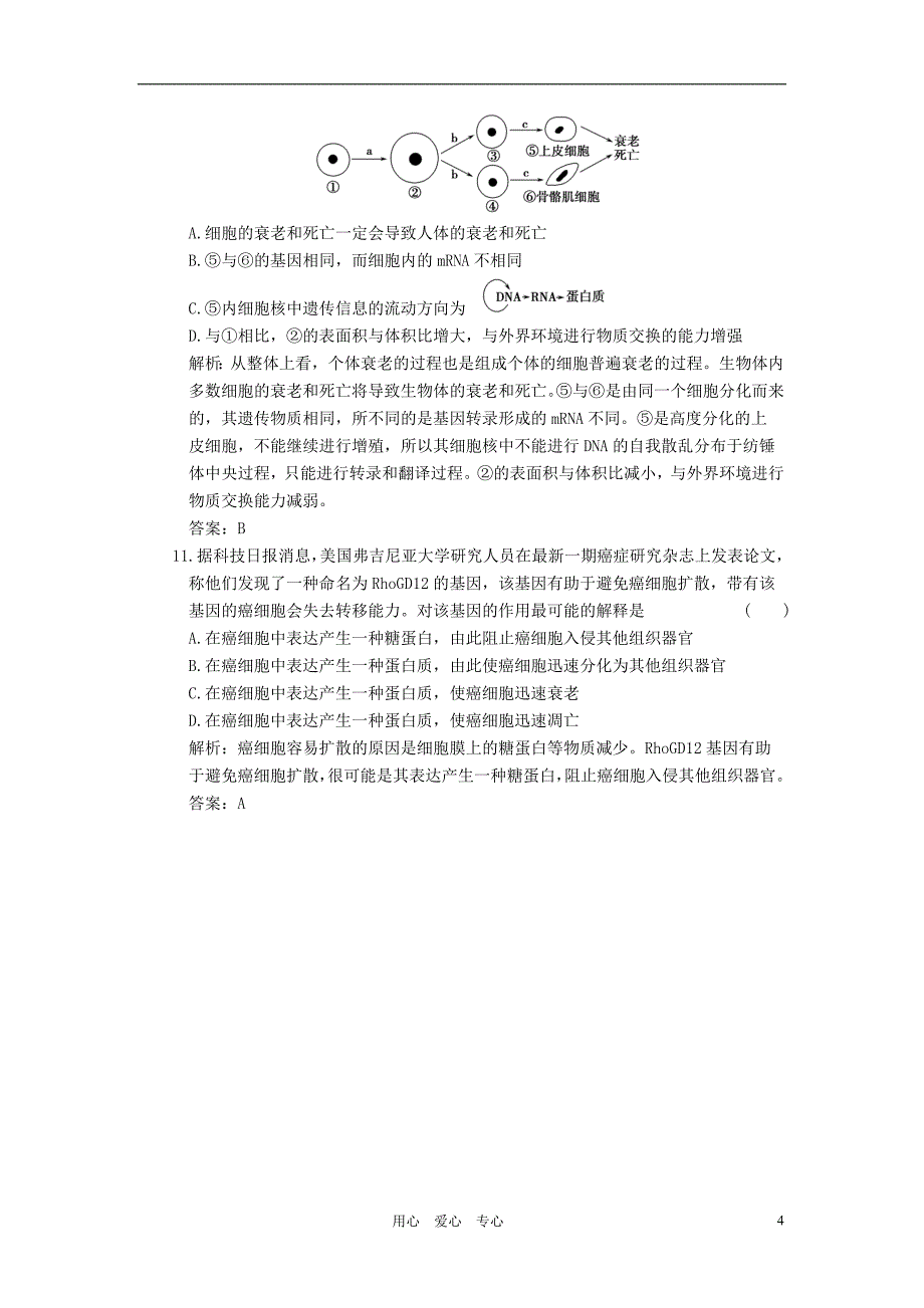 创新设计高考生物一轮复习第5章第13讲细胞分化衰老和凋亡癌变随堂演练苏教版必修1_第4页